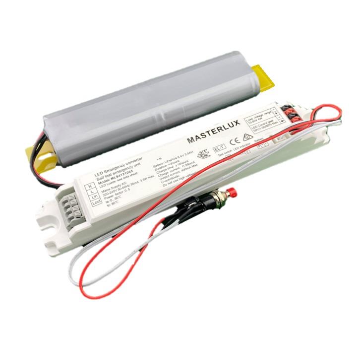 Noodverlichting kit: converter + batterij + connectoren (3u Auto/Manuele test)